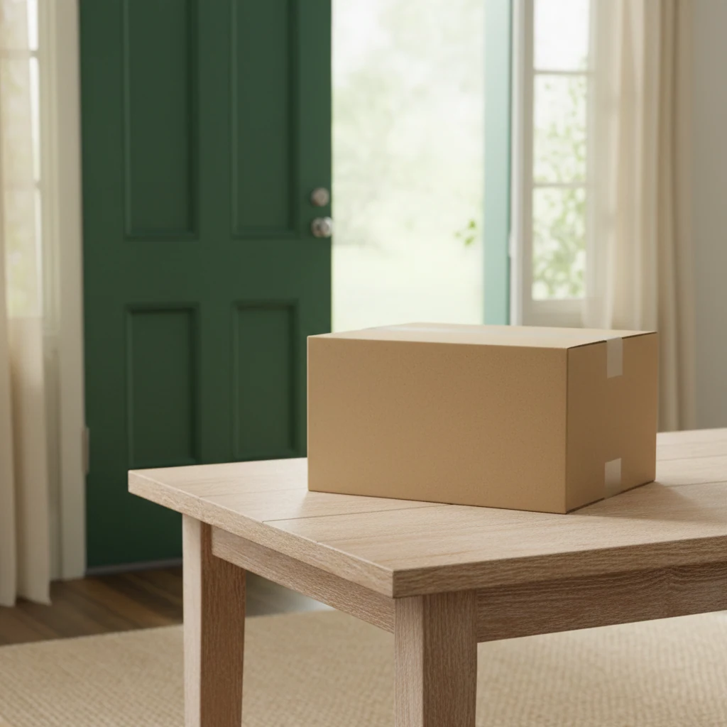 A neat plain kraft parcel box resting on a table near a bright front door entrance