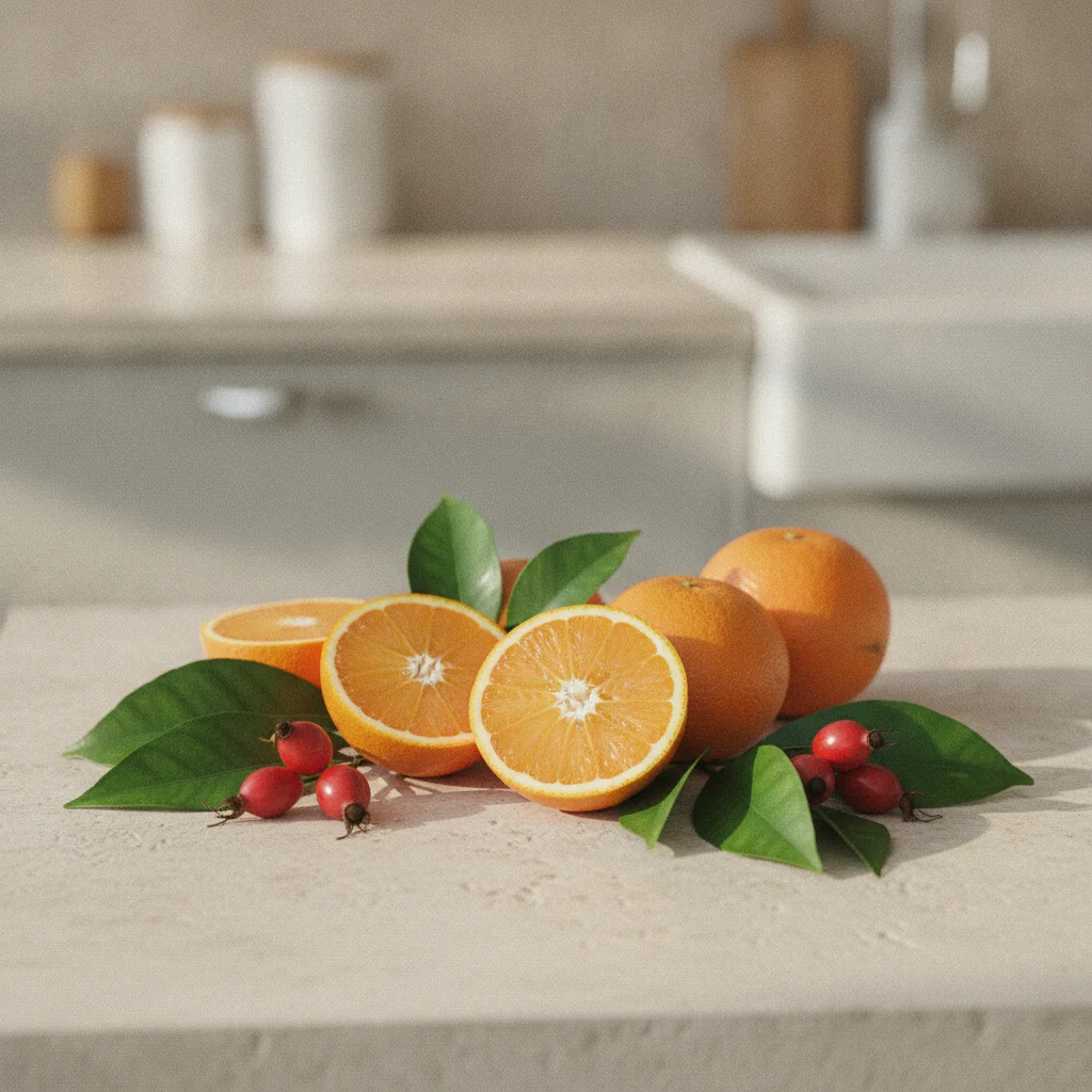 Fresh oranges, rosehips and green citrus leaves arranged on a light stone kitchen surface