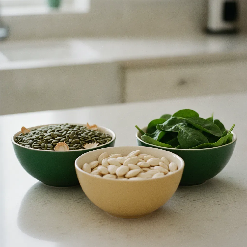 Pumpkin seeds, almonds and dark leafy greens arranged neatly in ceramic bowls on a kitchen counter
