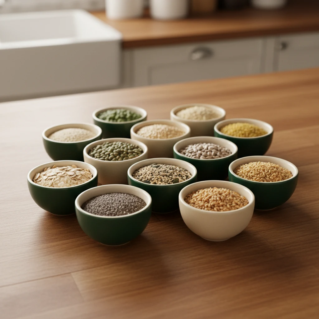 Assorted wholegrains, oats, lentils and seeds in ceramic bowls on a wooden surface - natural B-vitamin sources