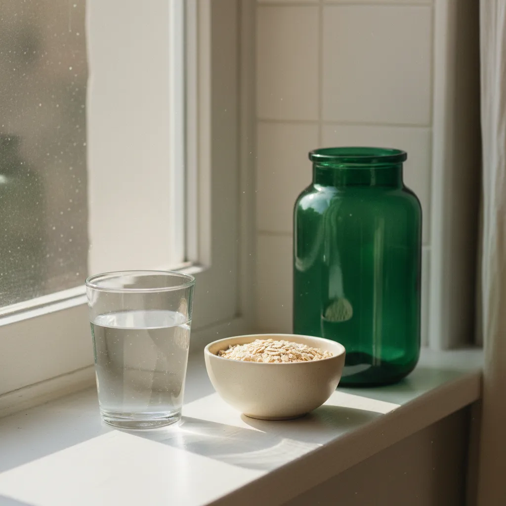 A clear glass of water beside a bowl of oats and a green glass jar on a bright kitchen windowsill in morning light