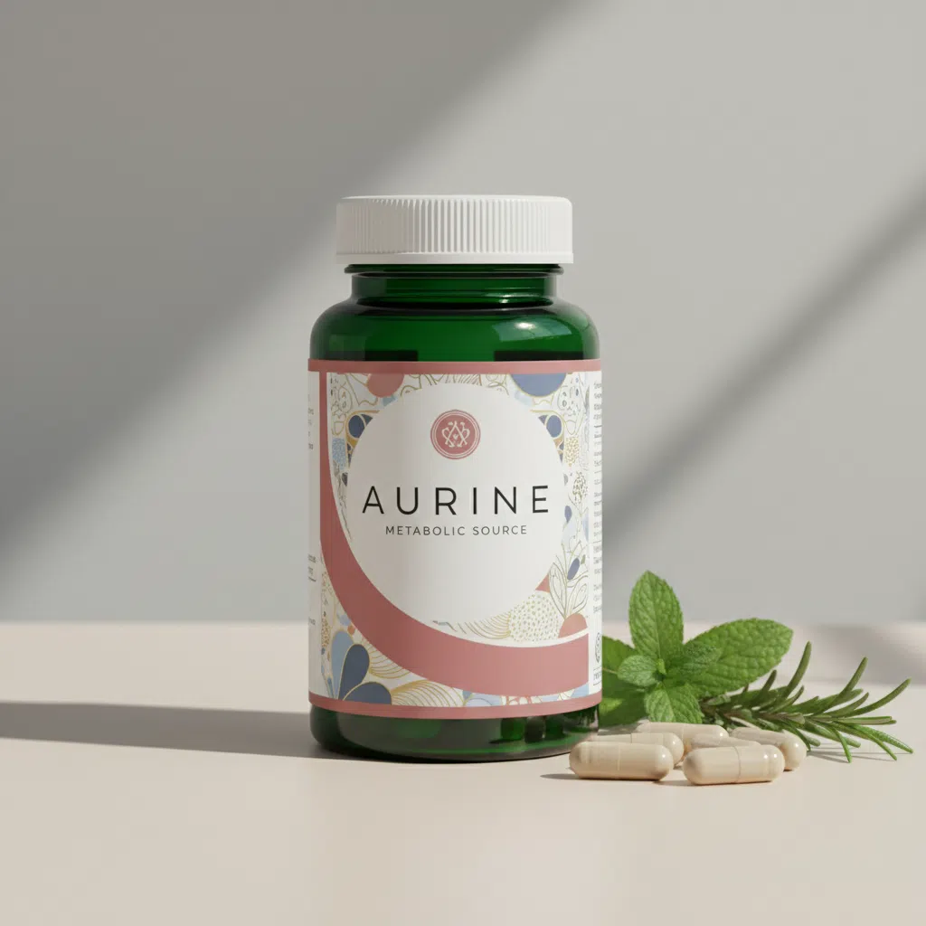 Aurine Metabolic Source dark green glass supplement jar with silver lid and product label